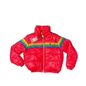Aviator Nation Bright Red Puffer with Rainbow Accents